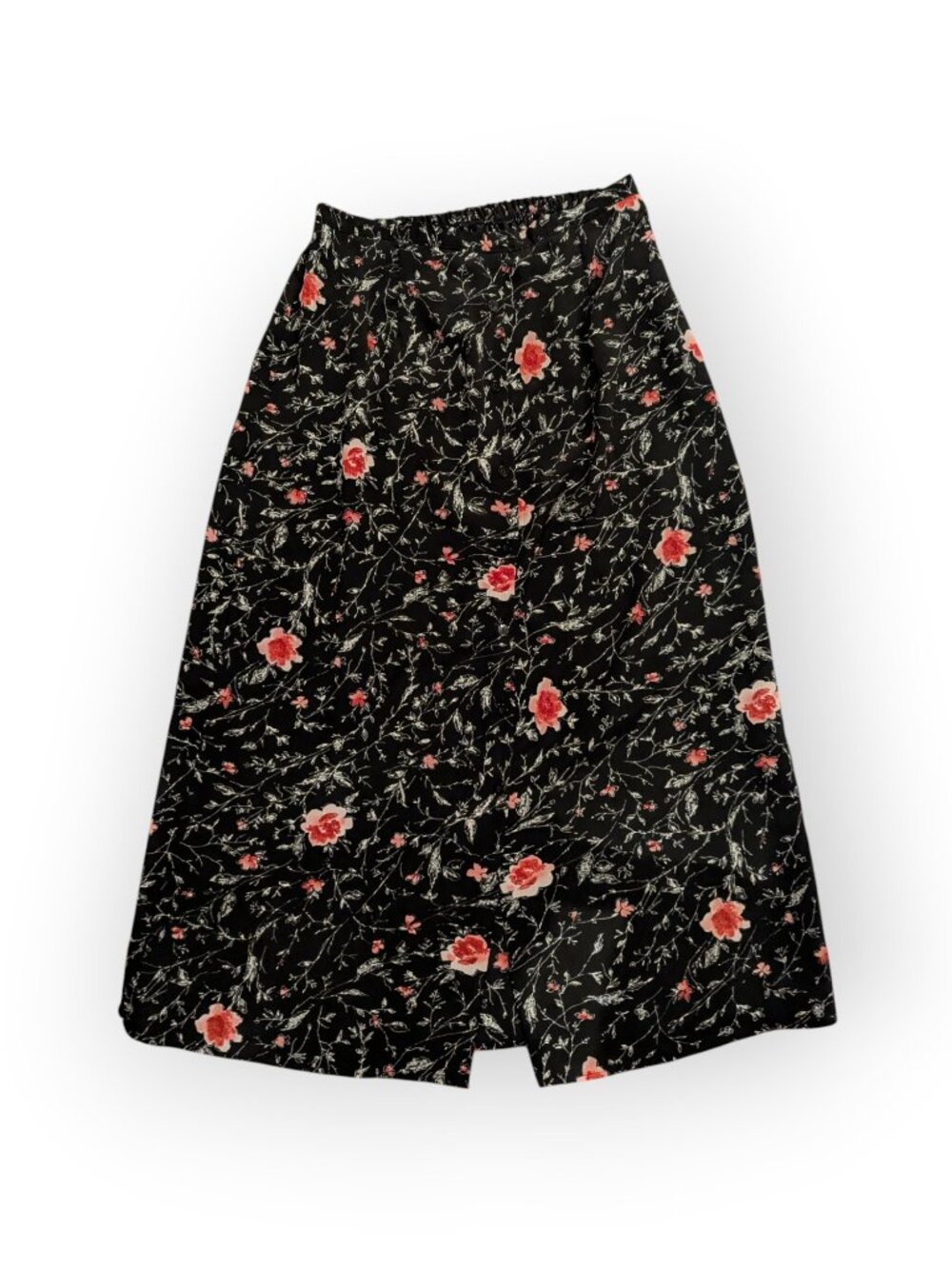 Vintage Carroll Reed Black Floral Button Front Midi Skirt L Made in Canada - Picture 5 of 5